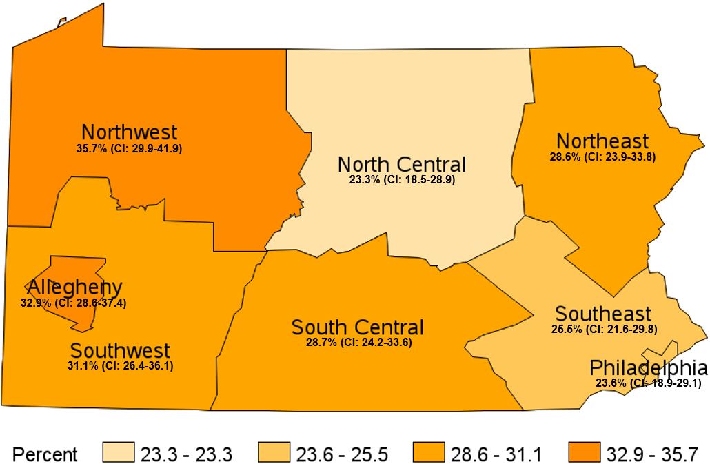 Gambled in the Past 12 Months, Pennsylvania Health Districts, 2020